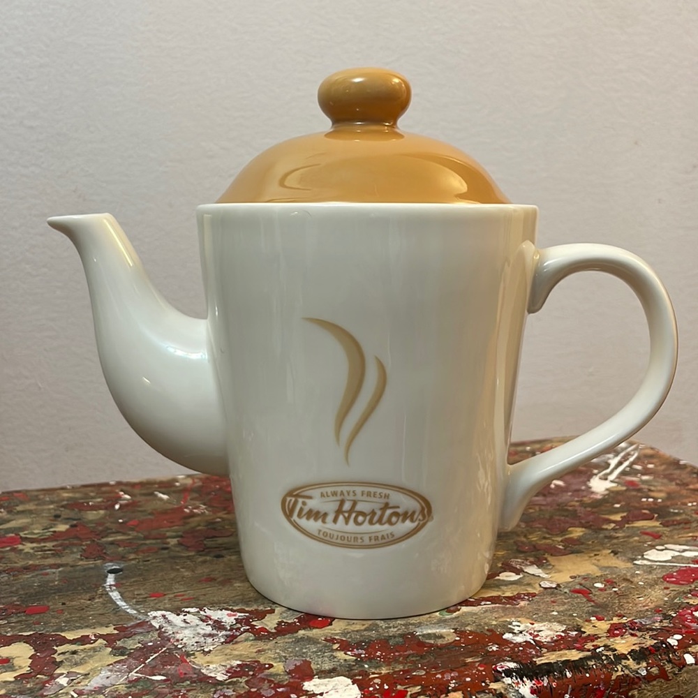 Vintage Tim Hortons Brown and White Tea Pot